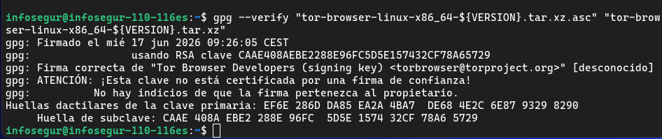Verifica el archivo descargado contra el archivo de firma Tor Browser