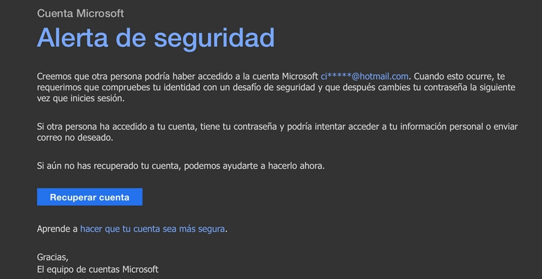 correo electrónico de Microsoft con una advertencia de una posible infracción