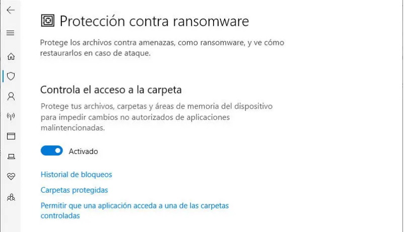 Configuración contra ransomware de Windows Defender