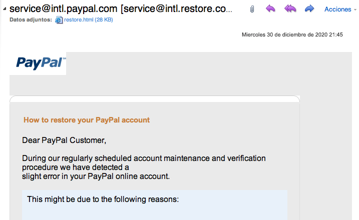 Mensaje de phishing de PayPal