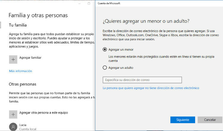 Control parental de Windows 10