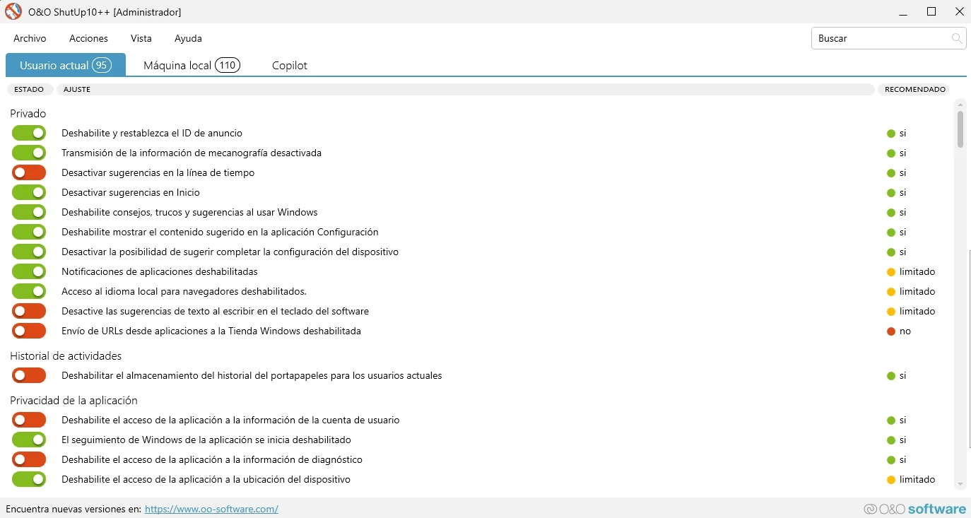 Interfaz de ususario de O&O ShutUp10++