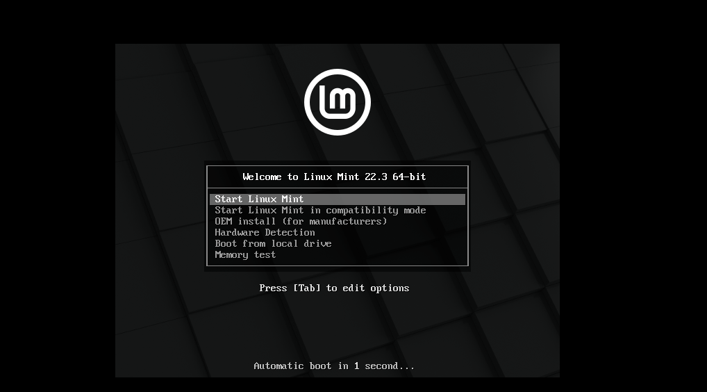 Menú de inicio de Linux Mint live USB