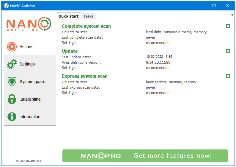 Interfaz  de NANO Antivirus Free