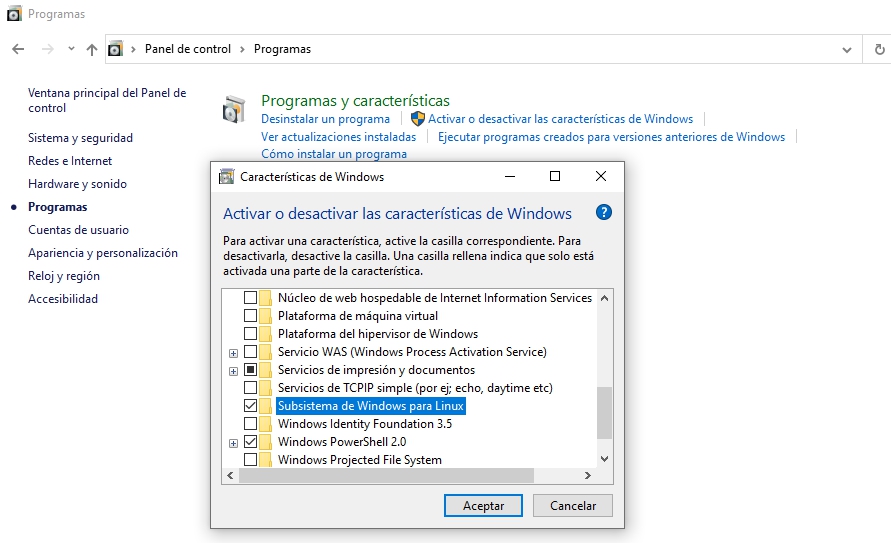 Activar o desactivar las característica de Windows