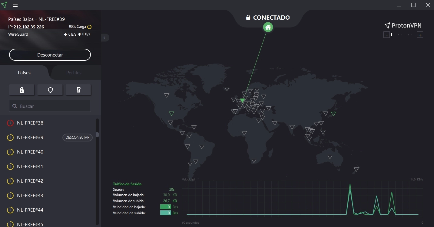 Interfaz de usuario de Proton VPN