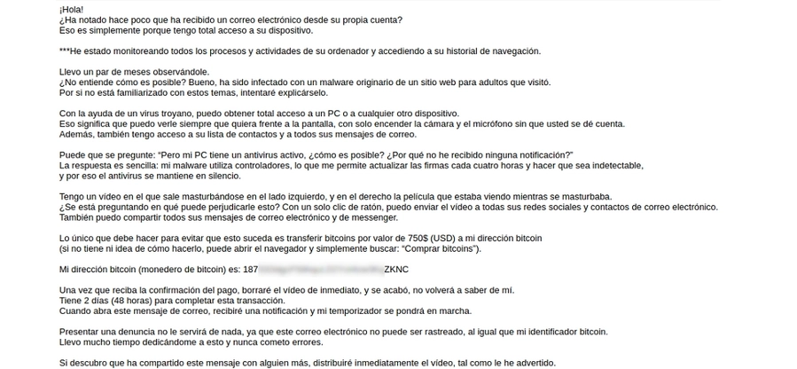 Falso mensaje de extorsión